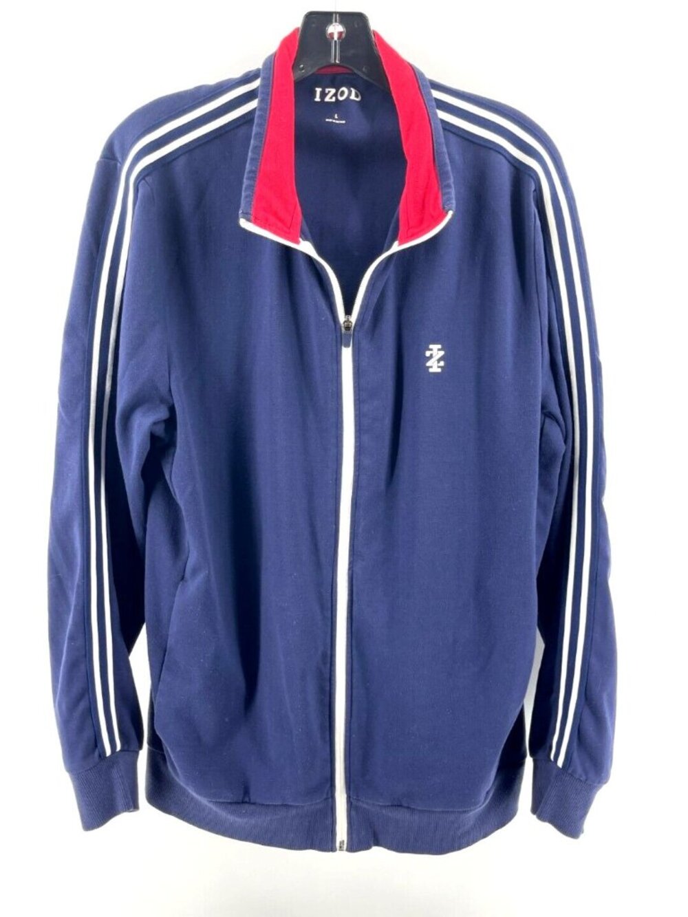 IZOD Men's Full Zip Collared Fleece Blue Striped Sleeve Sweatshirt Jacket Size L